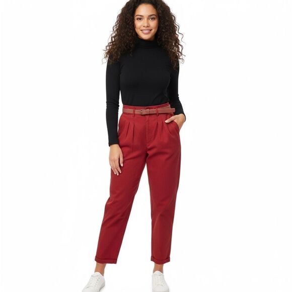 Vintage 90's Red Pleated High Waisted Chino Pants with Belt. Size 9/10 - Picture 1 of 7